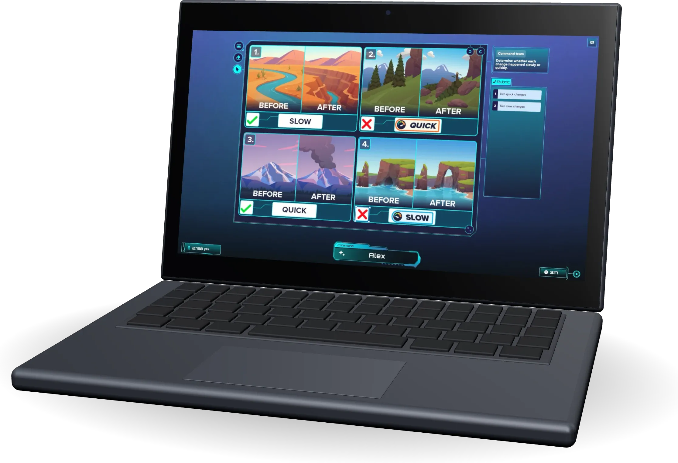 A student Chromebook shows four before-and-after landscape pairs, each labeled as a quick or slow change.