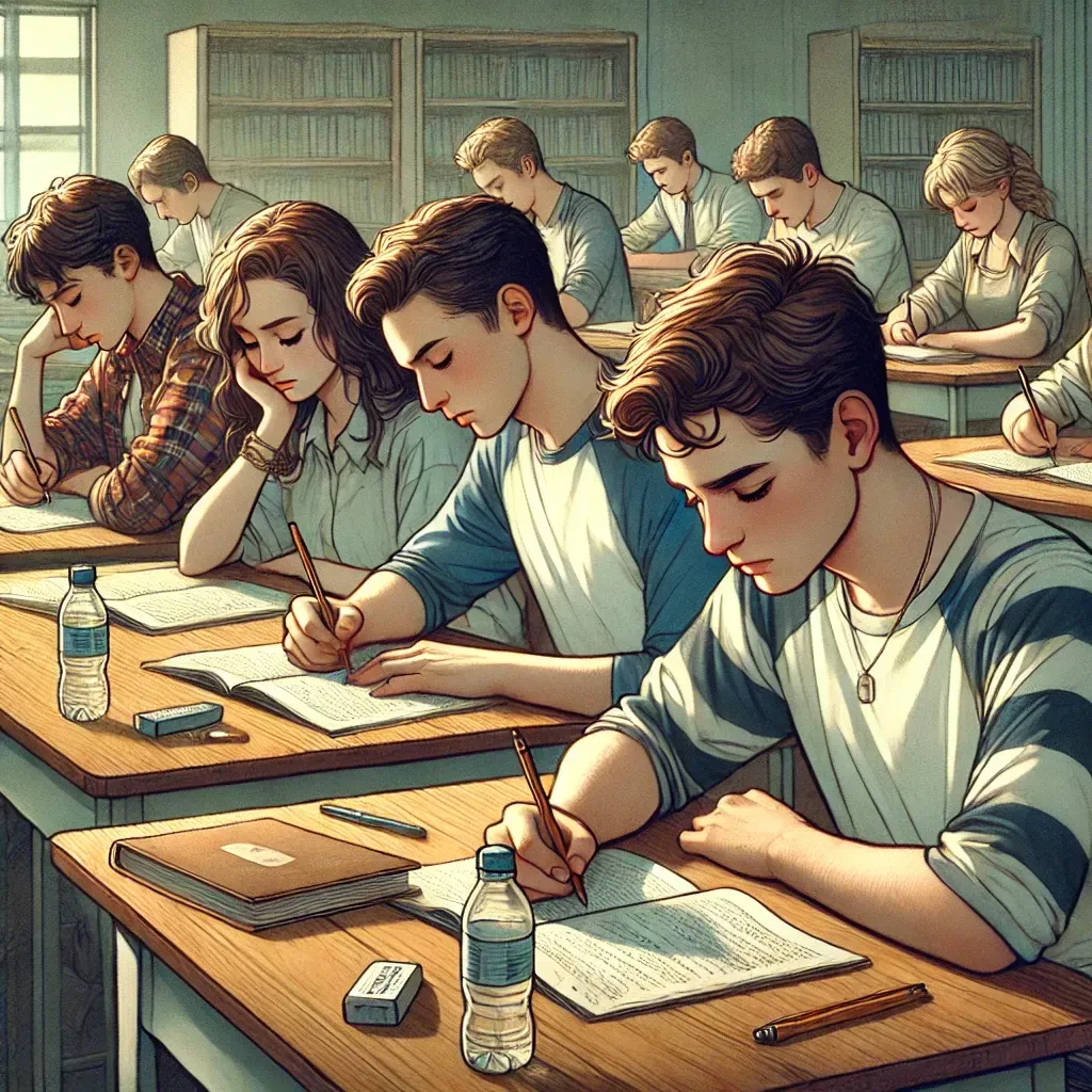 Students sit at wooden desks writing in notebooks with their eyes lowered, some looking tired, with water bottles and erasers beside them.