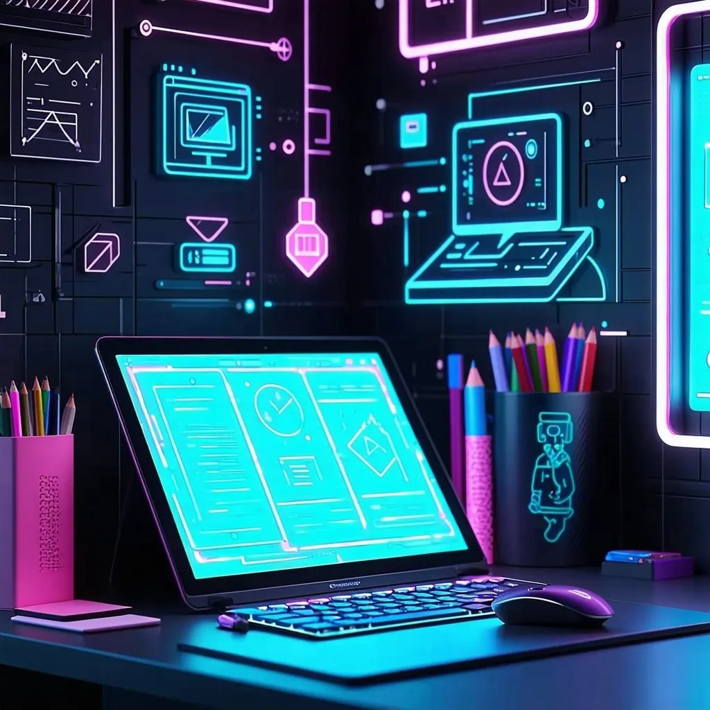 Illustration of a desk with a glowing laptop, pencil cups, and a keyboard against a wall of neon tech and learning icons.