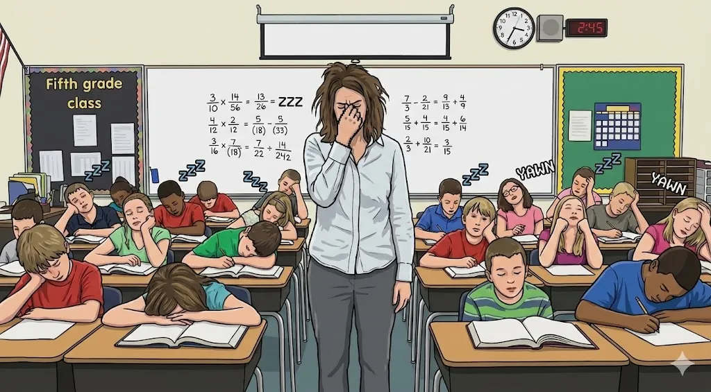 Illustration of a frustrated teacher pinching her brow before a whiteboard of fraction problems while her fifth grade class yawns and sleeps.