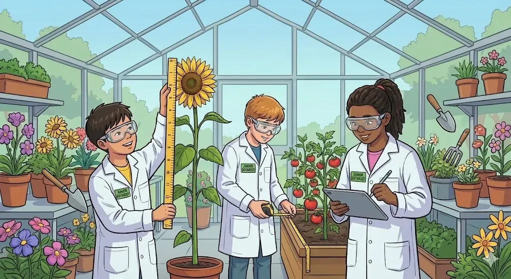 Illustration of students in lab coats and goggles measuring a sunflower and tomato plants in a greenhouse, putting math to real use.