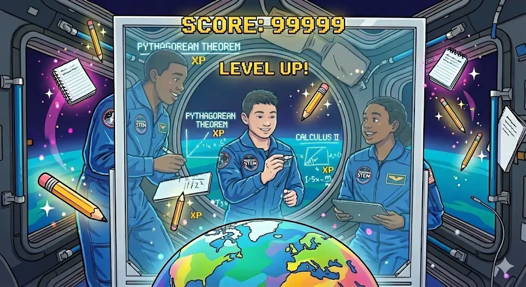 Illustration of students in flight suits on a space station solving Pythagorean theorem and calculus problems under a Level Up score banner.