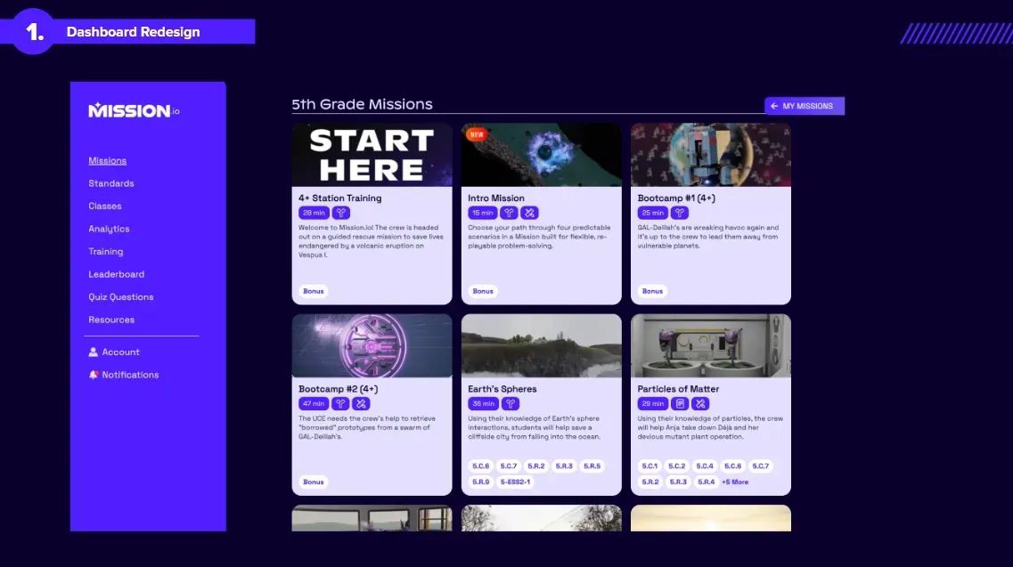 Screenshot of the redesigned Mission.io teacher dashboard showing 5th grade Missions as cards with run times and standards tags.