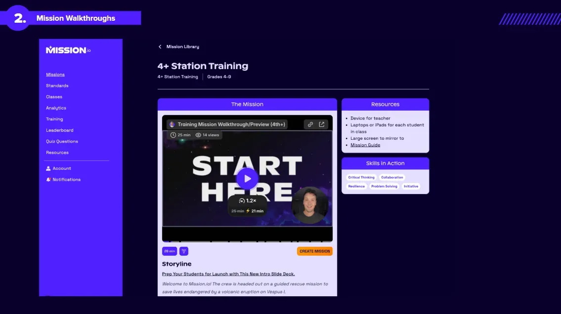 Screenshot of the 4+ Station Training Mission page with a video walkthrough, storyline, resources list, and skills in action tags.