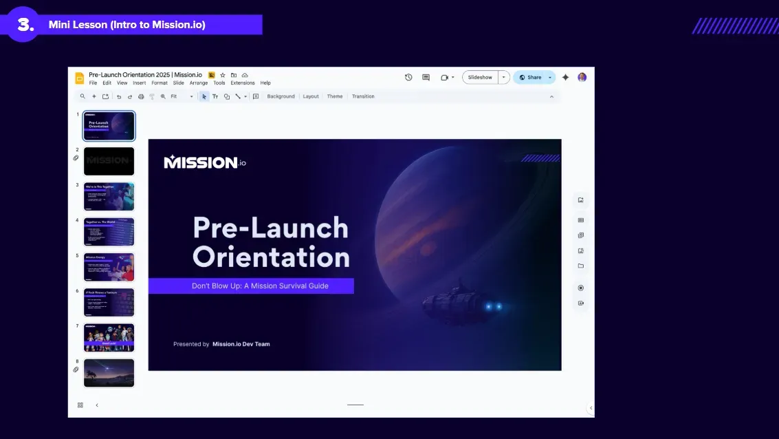 Screenshot of the Pre-Launch Orientation slide deck, a mini lesson that introduces students to Mission.io before their first Mission.