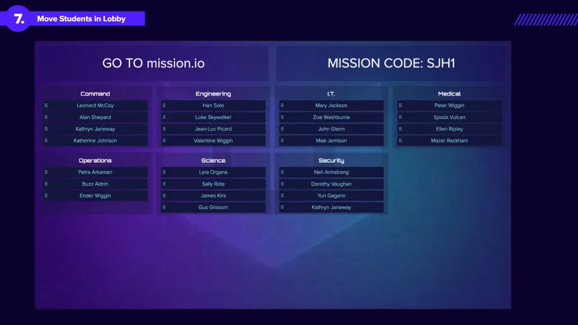 Screenshot of the Mission lobby showing the Mission code and students sorted into crew teams like Command, Engineering, Medical, and Science.