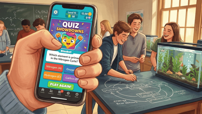 A student holds a smartphone running a Blooket game about the nitrogen cycle. In the background, smiling students work in a science lab with an aquarium and hand-drawn diagrams of energy flow and producers.