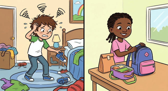A split-screen illustration of two children preparing for school. One child is stressed in a messy bedroom, while the other is organized and packing a lunch.