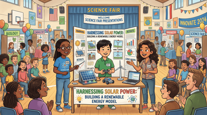 three students giving a science fair presentation on harnessing solar power