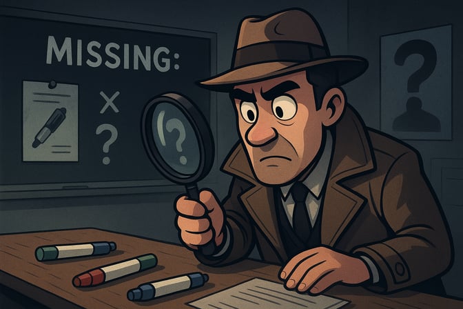 A cartoon detective using a magnifying glass to investigate missing markers at a desk.