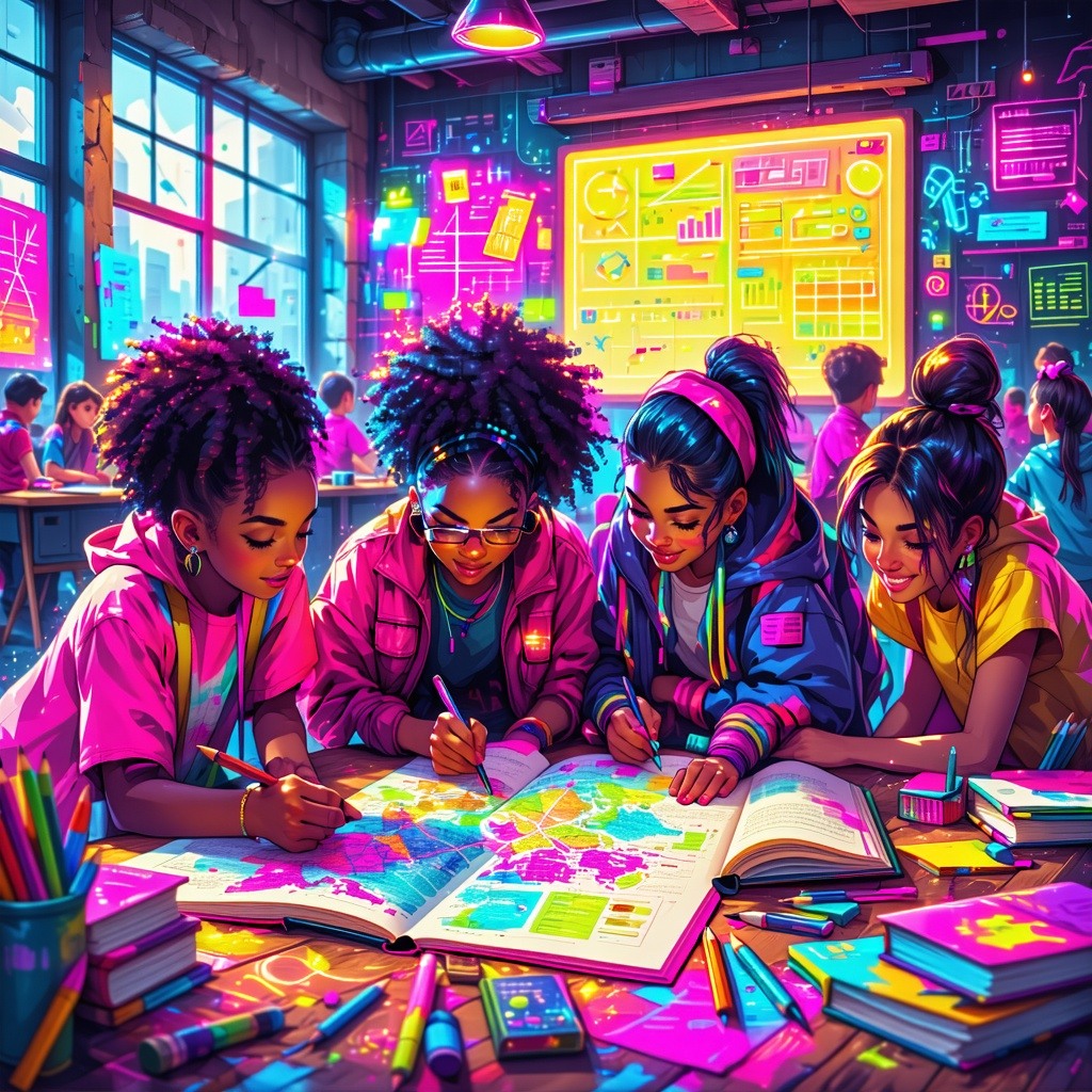 The image depicts a vibrant, dynamic classroom filled with diverse students engaged in various learning activities-1