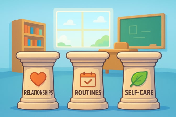 Three stone pillars labeled Relationships, Routines, and Self-Care standing in the middle of a classroom.