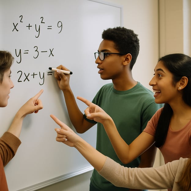 four students stand around a whiteboard, each pointing and all discussing an algebra equation on the board