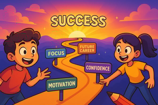 students on a path marked with achievements like "focus" and "confidence" that leads to "SUCCESS"