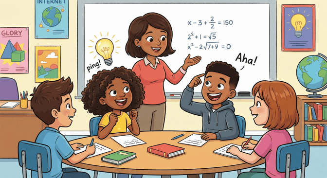 A teacher stands at a whiteboard with algebra equations, smiling at four students. A "ping" lightbulb appears over one girl’s head, and a boy says "Aha!" as they both experience a breakthrough moment during the lesson.