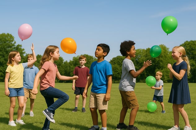 a group of kids in a field, some throwing and catching balloons, others watching or moving toward the balloons