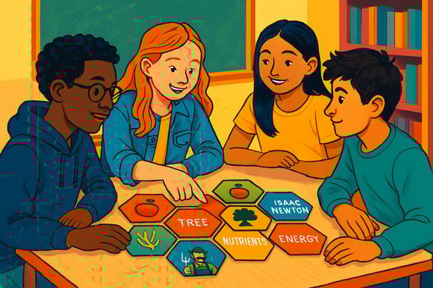 a group of students gathered around a desk discussing hexagonal thinking connections