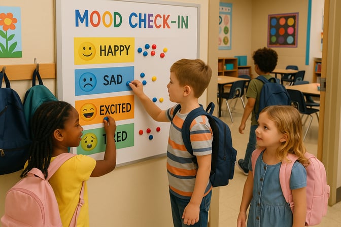 students moving magnets on MOOD CHECK-IN board