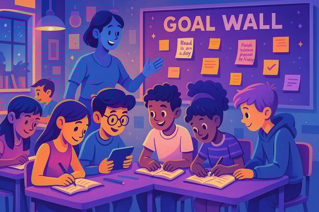 a teacher stands behind a table of her students as they write down goals. the classroom goal wall is featured in the background
