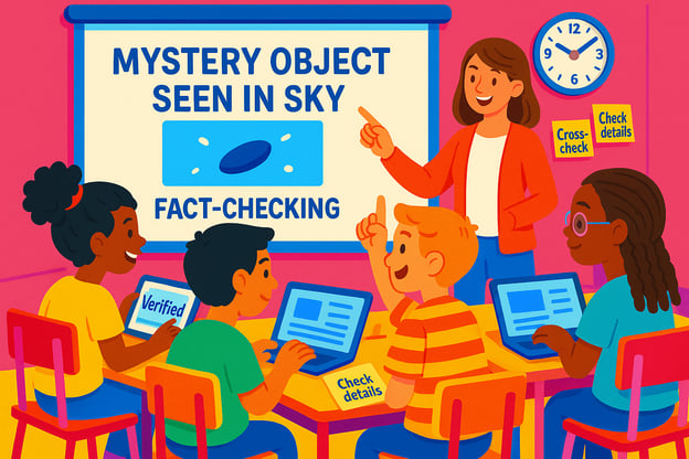 a teacher stands in front of her smiling students instructing them on media literacy