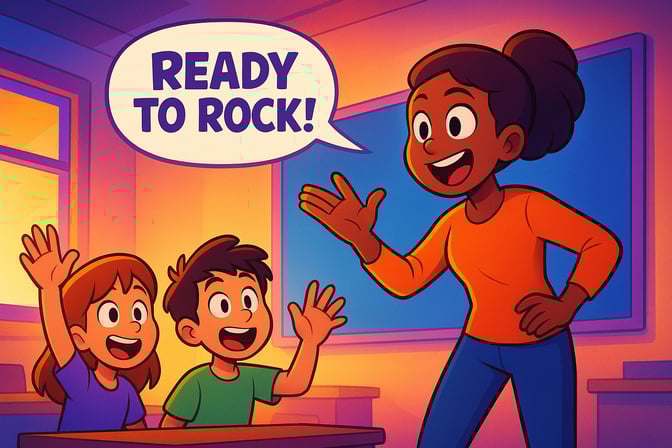 a teacher in front of two students with the speech bubble "Ready to rock!"
