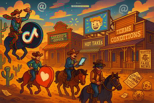 cowboys riding horses that represent different digital apps, wearing VR, using ipads