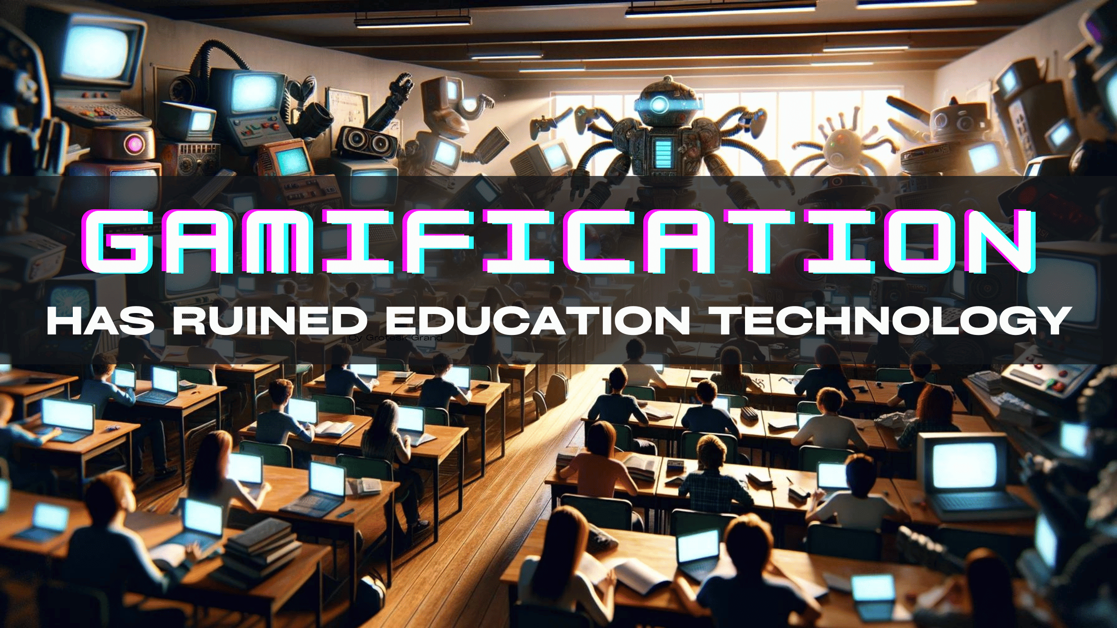 Classroom with students focused on studies, overshadowed by invading gaming robots. "Gamification has ruined education technology" as headline.