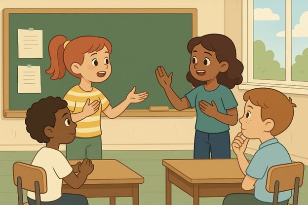 Two students stand at a green chalkboard, talking and gesturing with their hands on their chests, while two classmates seated at desks listen closely, one resting his chin on his hand.