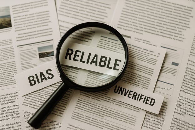 A magnifying glass lies over a spread of newspapers and magnifies a paper slip reading "RELIABLE." Other slips nearby read "BIAS" and "UNVERIFIED."