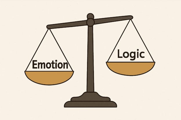 A balance scale with two pans, one labeled "Emotion" and one labeled "Logic," on a plain cream background.