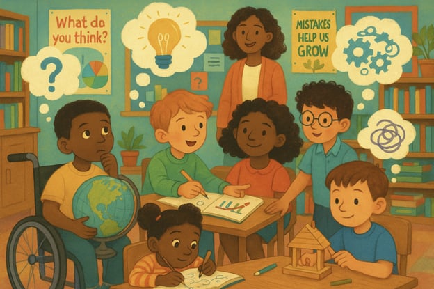 A teacher stands behind a group of diverse young students working at a table in a bright classroom. Thought bubbles show a question mark, a light bulb, gears, and a tangled scribble. Posters read "What do you think?" and "Mistakes help us grow."