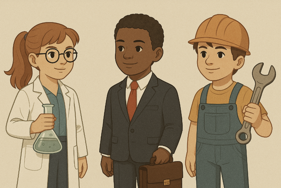 A scientist with a flask, a man in a suit with a briefcase, and a worker with a wrench stand together.