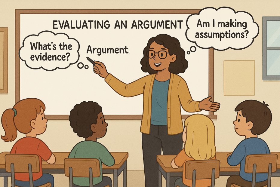 A teacher at a whiteboard titled "Evaluating an Argument" asks four students "What's the evidence?"