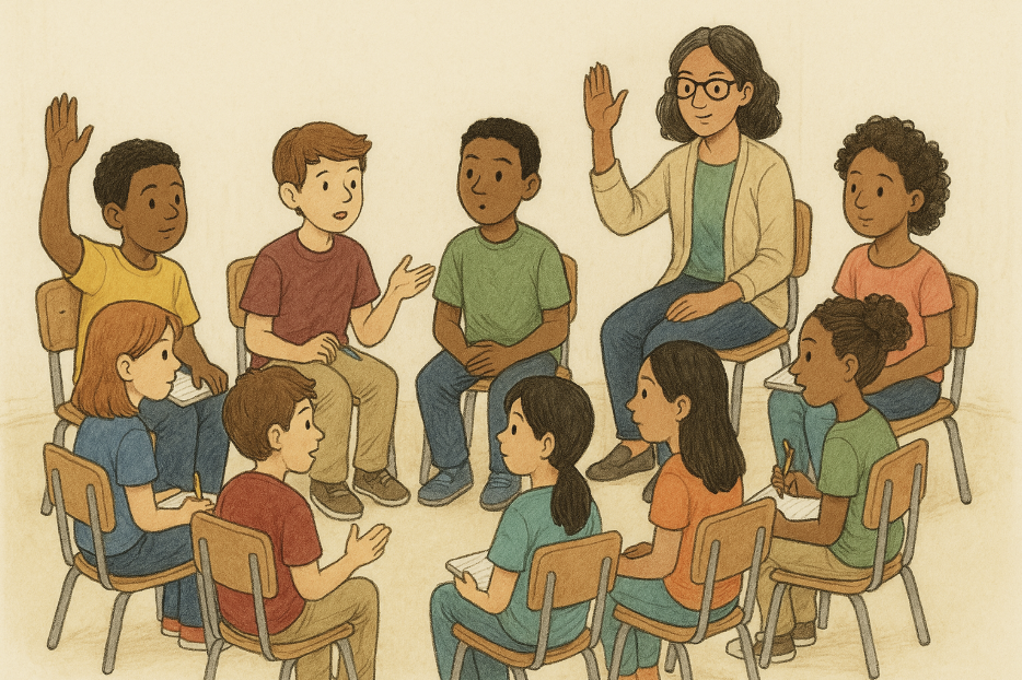 A teacher and eight students sit in a circle, discussing with raised hands and notebooks.