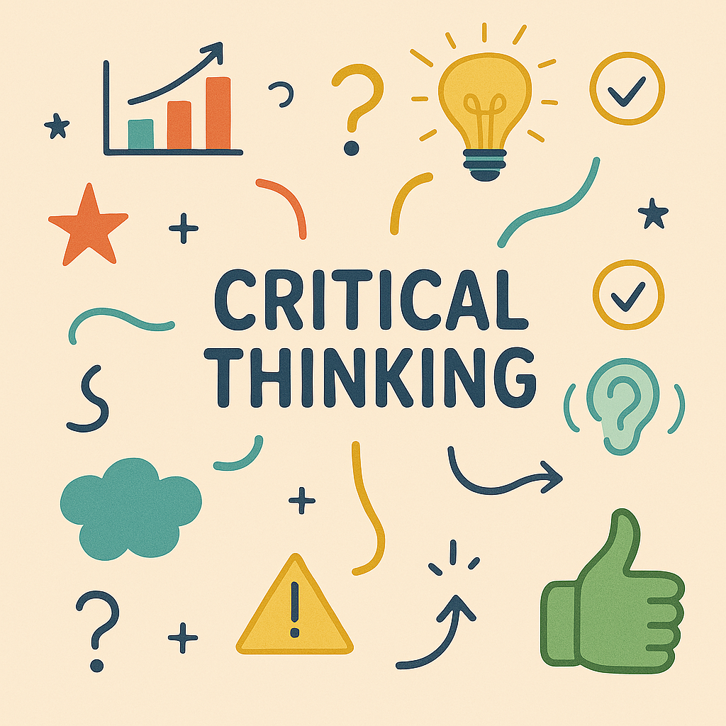 The words "Critical Thinking" surrounded by doodles of a light bulb, chart, question marks, and thumbs-up.