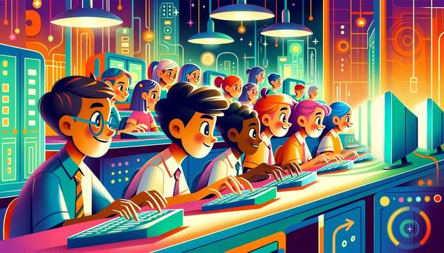 Rows of smiling students type on keyboards in a colorful computer lab, facing glowing monitors.