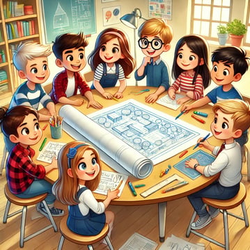 Group ProjecEight children sit around a round table in a classroom, smiling and working together over a large blueprint with pencils, markers, and a ruler.