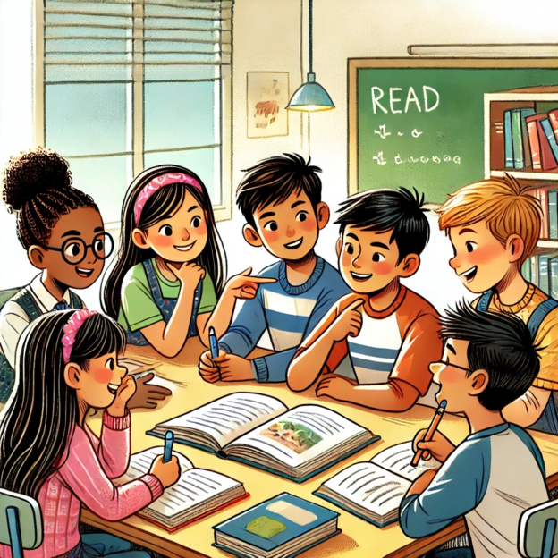 Six students sit around a table with open books and pencils, talking and smiling, with a chalkboard behind them that reads "Read."