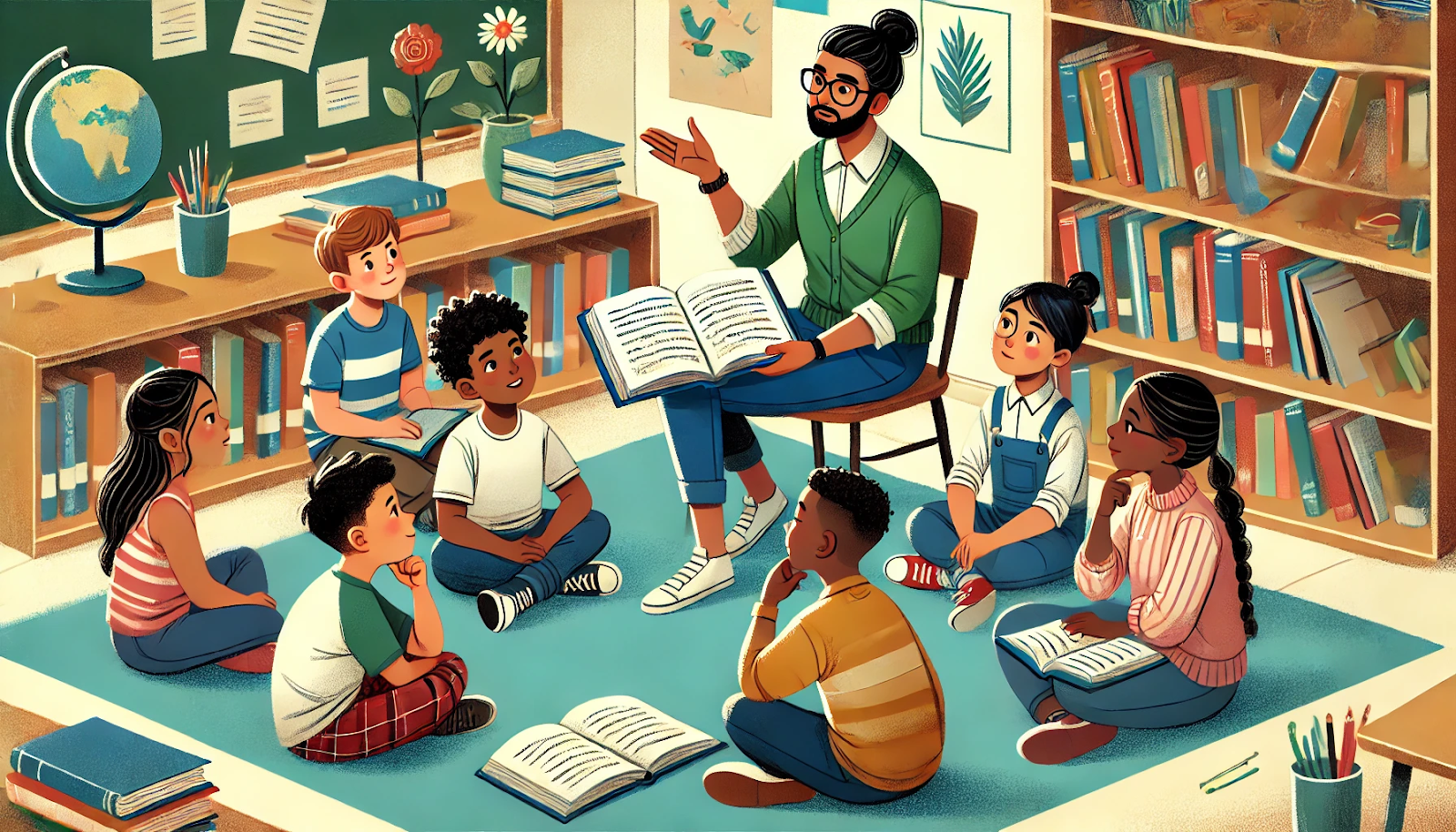A teacher in a green cardigan sits in a chair holding an open book and talks with seven students seated on a blue rug in a classroom with full bookshelves.
