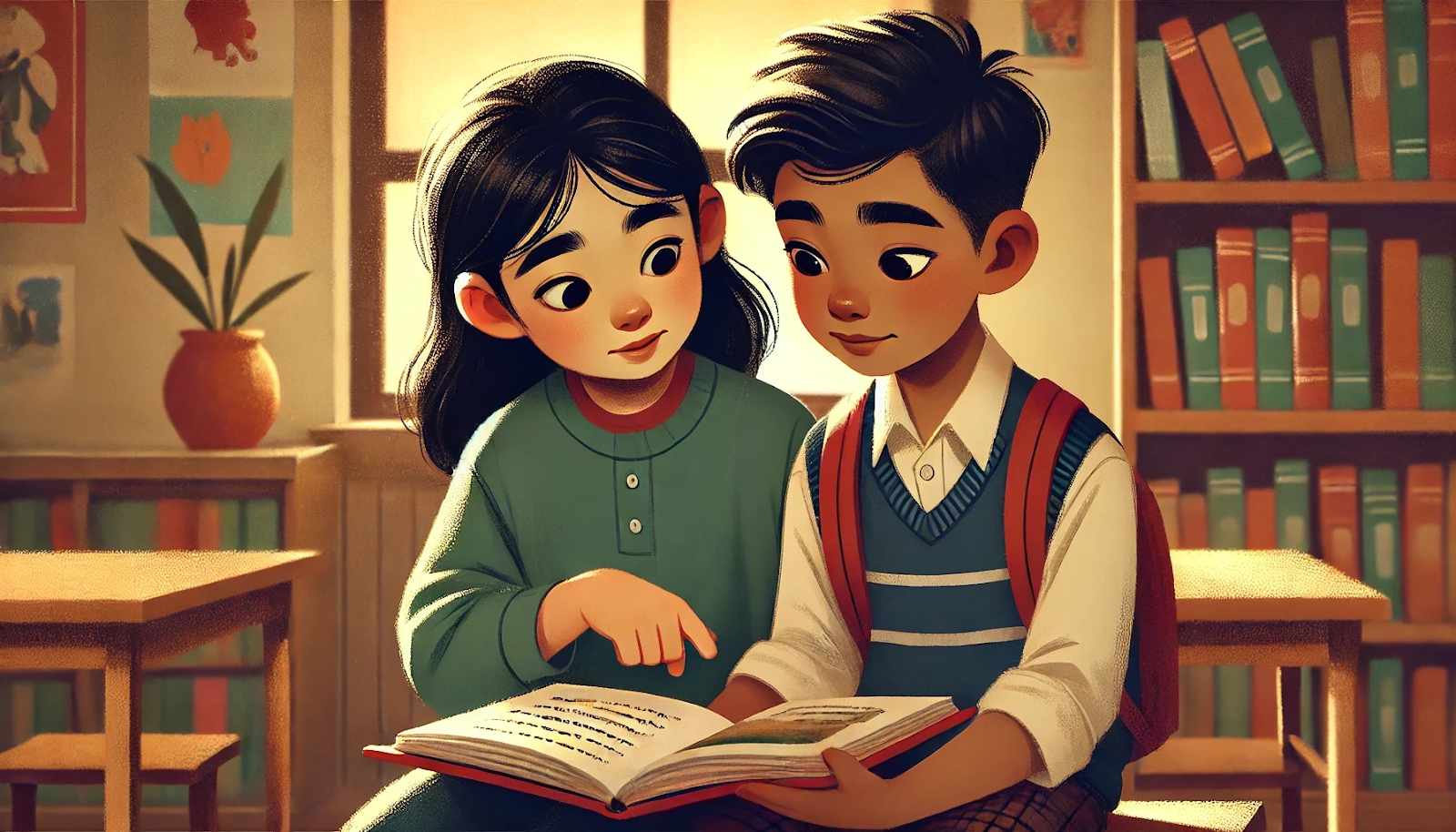 Two students sit side by side reading an open book, and one points to a line of text, with bookshelves behind them.