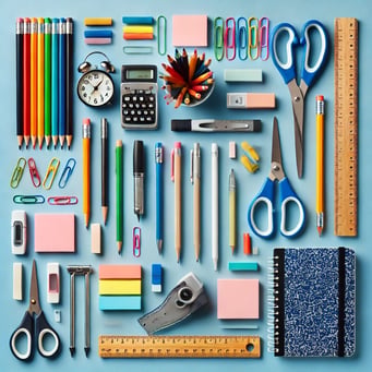 School supplies laid out in neat rows on a light blue background, including pencils, scissors, paper clips, sticky notes, a ruler, a calculator, an alarm clock, and a notebook.