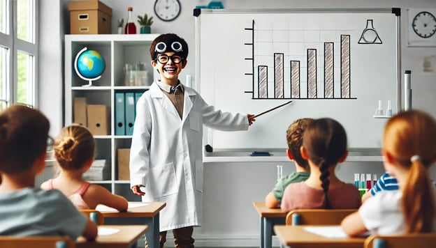 A smiling student in a lab coat and goggles points a stick at a bar graph on a whiteboard while seated classmates watch.