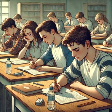 Students sit at wooden desks writing in notebooks with their eyes lowered, some looking tired, with water bottles and erasers beside them.