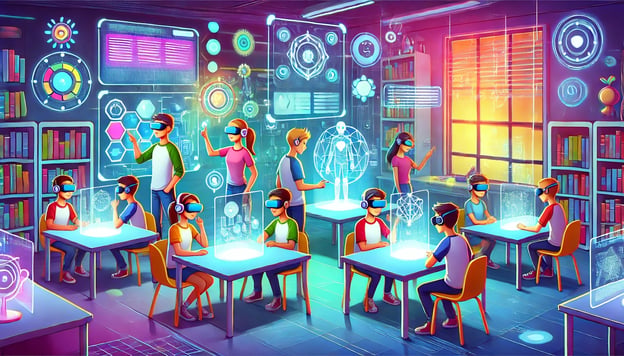 Students wear VR headsets at tables in a classroom, some seated and some standing, interacting with glowing holograms of a human figure, charts, and diagrams.
