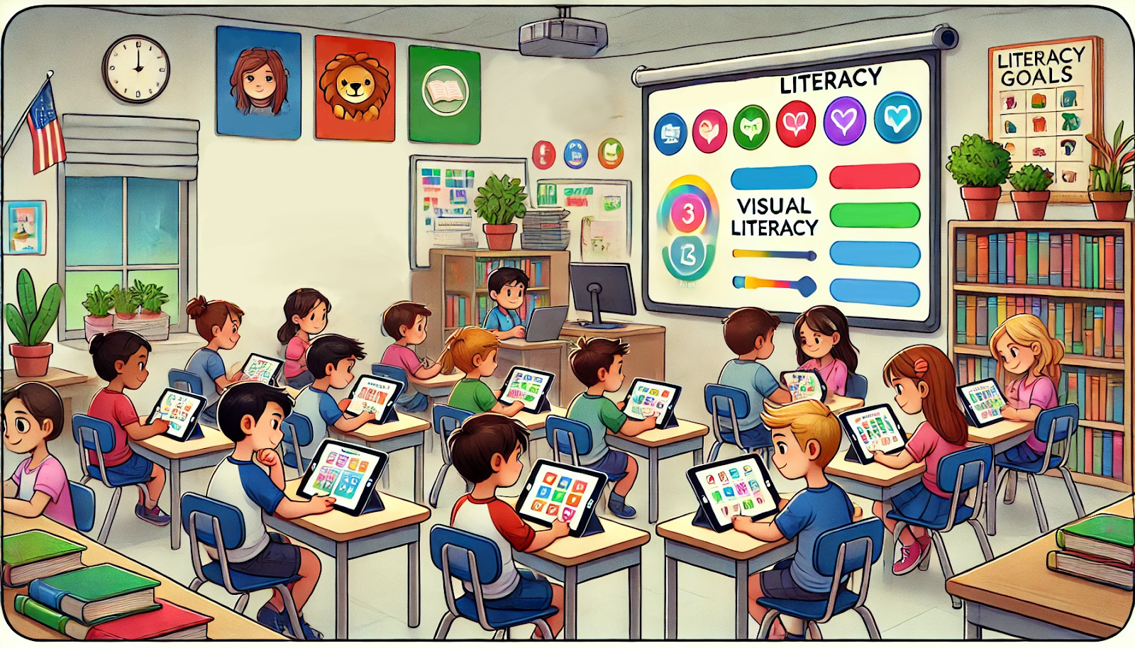 Students sit at desks using tablets in a classroom while a projector screen at the front shows the words Literacy and Visual Literacy with colorful icons.