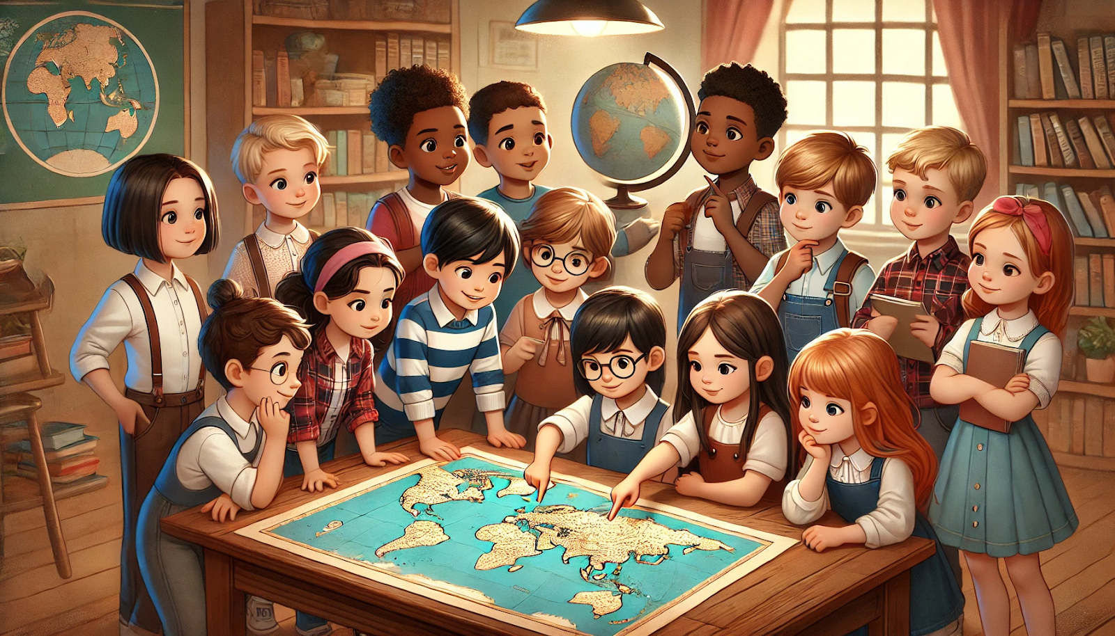 A group of students gather around a wooden table and point at a world map, with a globe and bookshelves in the classroom behind them.