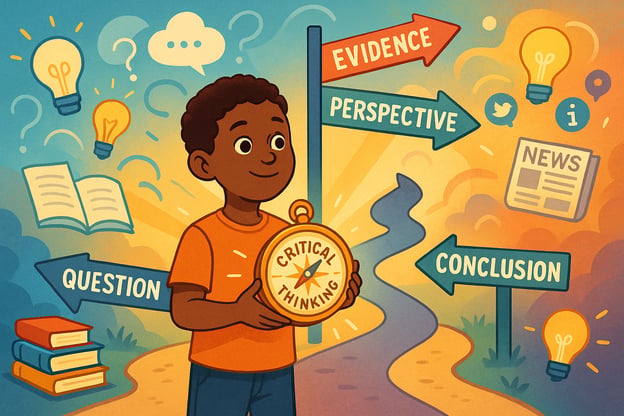 A boy holding a compass labeled Critical Thinking at a fork in the road, with signposts pointing to Question, Evidence, Perspective, and Conclusion.