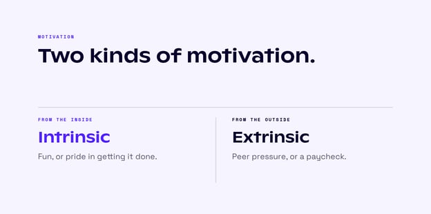 Intrinsic motivation comes from the inside, such as fun or pride in getting it done. Extrinsic motivation comes from the outside, such as peer pressure or a paycheck.
