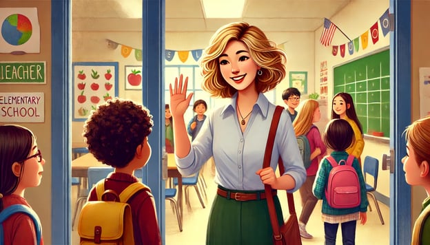 A smiling teacher waves from her classroom doorway to arriving students with backpacks.