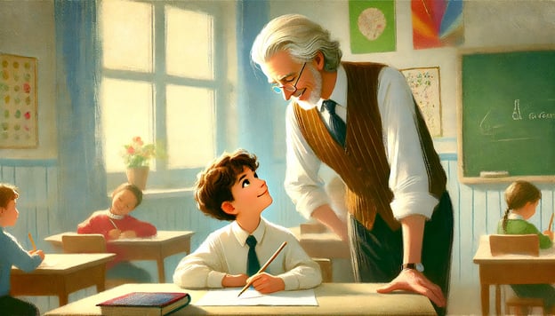 An older teacher in a vest leans over a desk and smiles at a boy who looks up with his pencil.